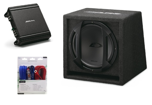 Pachet Subwoofer auto Alpine SBE-1244BR + Amplificator MRV-M250 + cabluri LK-10