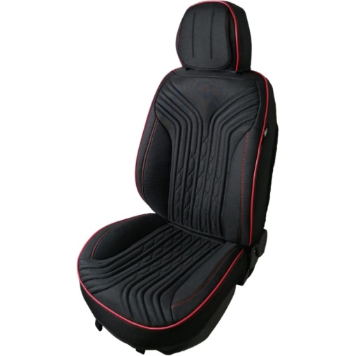 Set huse scaune auto universale Deluxetuning, material textil, negru cu dunga rosie, fata-spate, bancheta fractionata