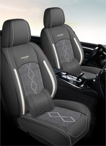 Huse auto premium 5 locuri Deluxe piele ecologică perforată și textil - negru - alb - Img 2