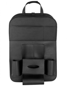 Organizator auto multifunctional universal pentru scaun, Piele Ecologica, cu tavita, Negru