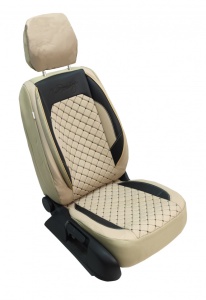 Set huse scaune auto, universale, fata-spate, bancheta fractionata, negru cu crem, piele ecologica - Img 1