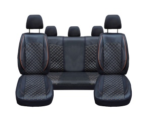 Set huse scaune auto, universale, fata-spate, bancheta fractionata, negru cu cusatura maro, piele ecologica - Img 4