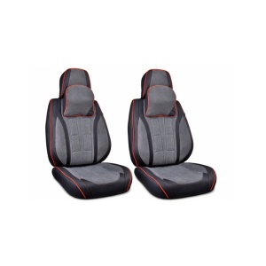 Set huse scaune auto universale, piele ecologica culoare neagra material textil gri si cusatura rosie, fata-spate