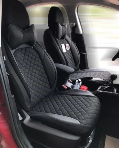 Set huse scaune auto universale, piele ecologica neagra cu material textil negru si cusaturi gri, fata-spate