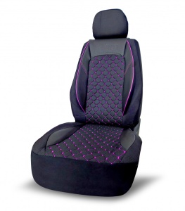 Set huse scaune auto universale, piele ecologica neagra cu material textil negru si cusaturi roz, fata-spate - Img 4