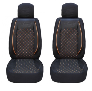 Set huse scaune auto universale, piele ecologica neagra cu material textil negru si cusaturi maro, fata-spate