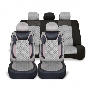 Set huse scaune auto universale, piele ecologica neagra cu velur gri, fata-spate,
