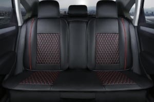 Set huse scaune auto universale, piele ecologica, negru si cusatura rosie, fata-spate - Img 4