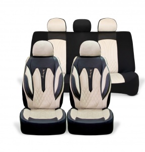 Set huse scaune auto universale seria SIDNEY, material textil crem si piele ecologica neagra, fata-spate, compatibil airbag