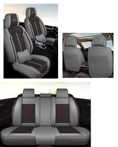 Huse auto premium 5 locuri Deluxe piele ecologică perforată - gri - negru - Img 2