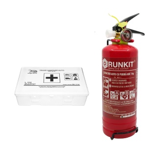 Kit siguranta auto omologat format din Trusa medicala auto de prim ajutor, Stingator auto reincarcabil RUNKIT cu manometru 1 Kg