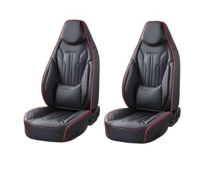 Set huse scaune auto universale de lux din piele ecologica, Negru cu cusatura rosie pentru scaunele fata si spate, cu tetiera integrata