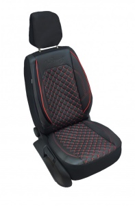 Set huse scaune auto, universale, fata-spate, bancheta fractionata, negru cu cusatura rosie, piele ecologica - Img 2