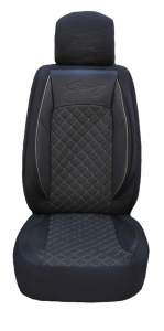 Set huse scaune auto universale, piele ecologica neagra cu material textil negru si cusaturi gri, fata-spate - Img 3