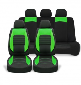 Set huse scaune auto universale, piele ecologica verde cu material textil negru, fata-spate
