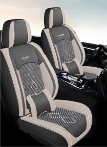 Huse auto premium 5 locuri Deluxe piele ecologică perforată și textil - gri deschis - gri inchis - Img 2
