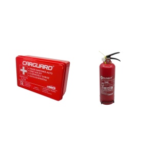 Kit siguranta auto complet, stingator auto omologat, P2 2kg cu manometru si trusa sanitara auto omologata RAR, set obligatoriu auto