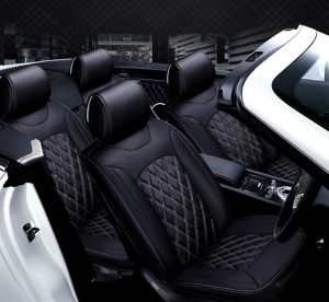 Set 1+1 Huse Scaune Auto Premium Lux Piele Ecologica, Negru cu cusaturi gri in romb - Img 6