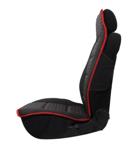 Set 2 Huse auto Scaune Fata 1+1 Universal, Material textil negru cu imitatie de piele neagra cu cusaturi rosii - Img 3