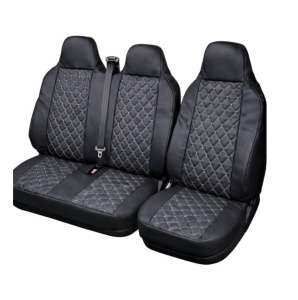 Set huse scaune auto universale 3 locuri fata cu tetiera integrata, material piele ecologica, culoare neagra, pentru dube si microbuze