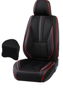 Set huse scaune auto universale, piele ecologica culoare neagra cu material textil negru si cusatura rosie, fata-spate