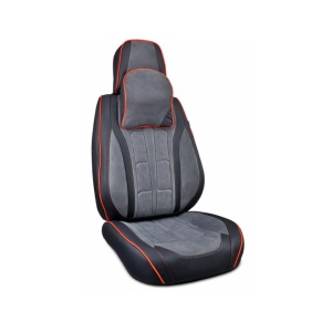 Set huse scaune auto universale, piele ecologica culoare neagra material textil gri si cusatura rosie, fata-spate - Img 7