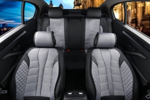 Set huse scaune auto universale, piele ecologica neagra cu material textil gri, fata-spate - Img 1