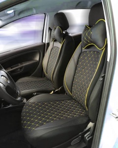 Set huse scaune auto universale, piele ecologica neagra cu material textil negru si cusaturi galbene, fata-spate