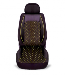Set huse scaune auto universale, piele ecologica neagra cu material textil negru si cusaturi galbene, fata-spate - Img 3