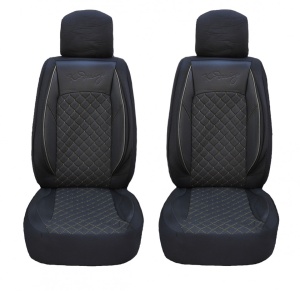 Set huse scaune auto universale, piele ecologica neagra cu material textil negru si cusaturi gri, fata-spate - Img 4