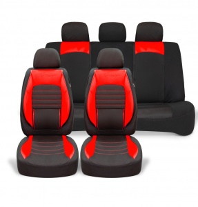 Set huse scaune auto universale, piele ecologica rosie cu material textil negru, fata-spate