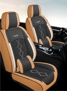 Huse auto premium 5 locuri Deluxe piele ecologică perforată și textil - maro caramel - Img 3