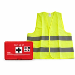 Pachet Trusa sanitara auto - Certificata R.A.R. valabilitate 5 ani, conforma cu standardul European DIN13164:2022 si Vesta reflectorizanta