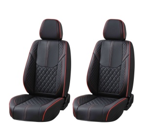 Set huse scaune auto universale de lux din piele ecologica, Negru cu cusatura rosie model romb pentru scaunele fata si spate
