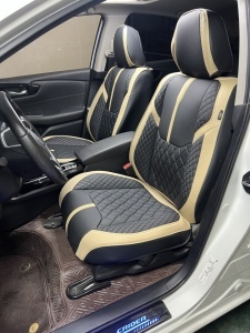 Set huse scaune auto universale de lux din piele ecologica, Negru cu bej, pentru scaunele fata si spate - Img 5