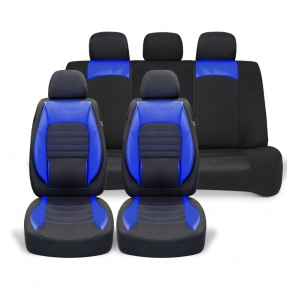 Set huse scaune auto universale, piele ecologica albastra cu material textil negru, fata-spate - Img 1