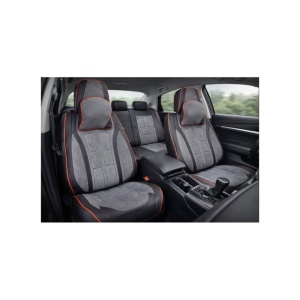 Set huse scaune auto universale, piele ecologica culoare neagra material textil gri si cusatura rosie, fata-spate - Img 4