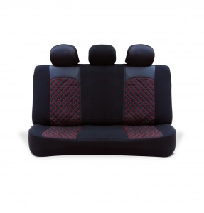 Set huse scaune auto universale, piele ecologica neagra cu material textil negru si cusaturi rosii, fata-spate - Img 2