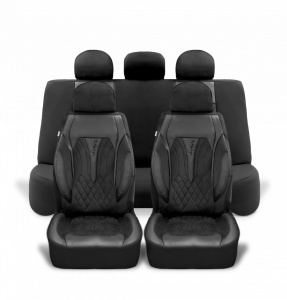 Set huse scaune auto universale seria SIDNEY, material textil negru si piele ecologica neagra, fata-spate, compatibil airbag - Img 2