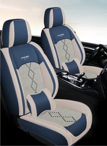 Huse auto premium 5 locuri Deluxe piele ecologică perforată și textil - albastru - alb - Img 3