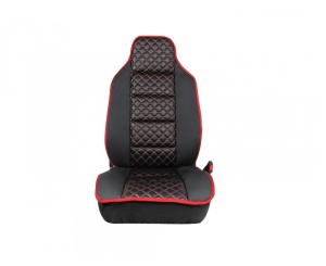 Set 2 Huse auto Scaune Fata 1+1 Universal, Material textil negru cu imitatie de piele neagra cu cusaturi rosii - Img 5