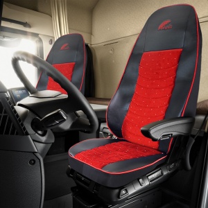 SET HUSE SCAUN TRUCK UMBRELLA PENTRU SCANIA SERIA R 2006-2020 PIELE ECOLOGICA NEAGRA + VELVET ROSU - Img 3