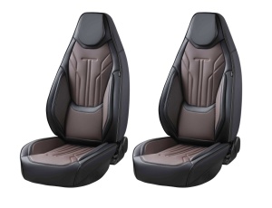Set huse scaune auto universale de lux din piele ecologica, Negru cu maro inchis pentru scaunele fata si spate, cu tetiera integrata