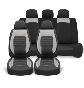 Set huse scaune auto universale, piele ecologica gri cu material textil negru, fata-spate