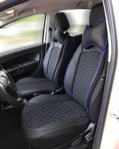 Set huse scaune auto universale, piele ecologica neagra cu material textil negru si cusaturi albastre, fata-spate - Img 2