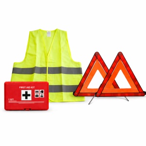 Pachet Trusa sanitara auto - Certificata R.A.R. valabilitate 5 ani, conforma cu standardul European DIN13164:2022, vesta reflectorizanta, 2 x triunghi