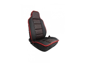Set 2 Huse auto Scaune Fata 1+1 Universal, Material textil negru cu imitatie de piele neagra cu cusaturi rosii - Img 6