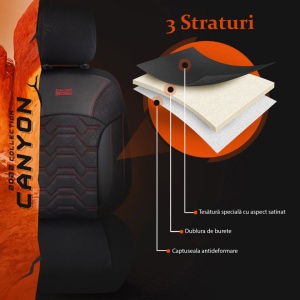 Set huse scaune auto CANYON, universale, fata-spate, piele ecologica cu textil, negru si cusatura gri - Img 2