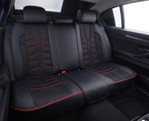 Set huse scaune auto universale, material textil negru si cusaturi rosii, fata-spate - Img 4