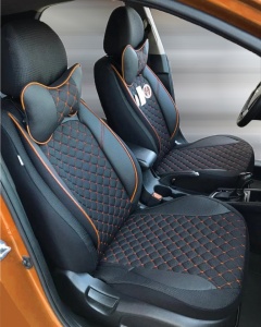 Set huse scaune auto universale, piele ecologica neagra cu material textil negru si cusaturi maro, fata-spate - Img 2